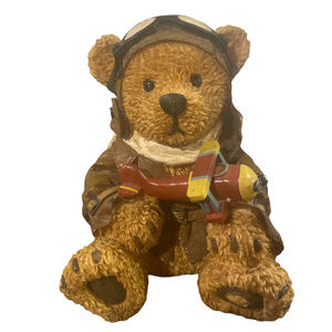 VTG Young's Inc. Teddy Bear Pilot Playing with Airplane Resin Piggy Bank 6 1/2"